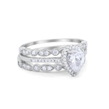 Art Deco Teardrop Pear Wedding Three Piece Simulated Cubic Zirconia 925 Sterling Silver