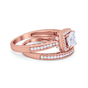 Halo Princess Cut Art Deco Wedding Bridal Set Ring Round Cubic Zirconia 925 Sterling Silver