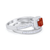 Halo Princess Cut Art Deco Wedding Bridal Set Ring Round Cubic Zirconia 925 Sterling Silver