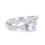 Two Piece Art Deco Engagement Ring Wedding Band Bridal Set Round Cubic Zirconia 925 Sterling Silver