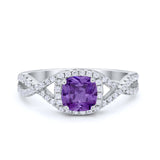 Art Deco Halo Cushion Infinity Shank Wedding Ring Round Cubic Zirconia 925 Sterling Silver