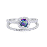 Two Piece Vintage Style Wedding Engagement Ring Band Halo Bridal Set Round Cubic Zirconia 925 Sterling Silver