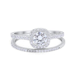 Two Piece Vintage Style Wedding Engagement Ring Band Halo Bridal Set Round Cubic Zirconia 925 Sterling Silver