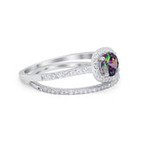 Two Piece Vintage Style Wedding Engagement Ring Band Halo Bridal Set Round Cubic Zirconia 925 Sterling Silver