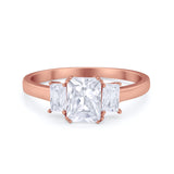 Three Stone Engagement Ring Emerald Cut Round Cubic Zirconia 925 Sterling Silver