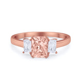 Three Stone Engagement Ring Emerald Cut Round Cubic Zirconia 925 Sterling Silver