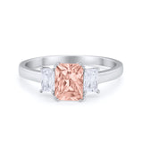 Three Stone Engagement Ring Emerald Cut Round Cubic Zirconia 925 Sterling Silver