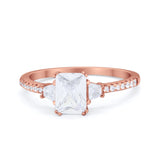 Emerald Cut Three Stone Wedding Ring Round Cubic Zirconia 925 Sterling Silver