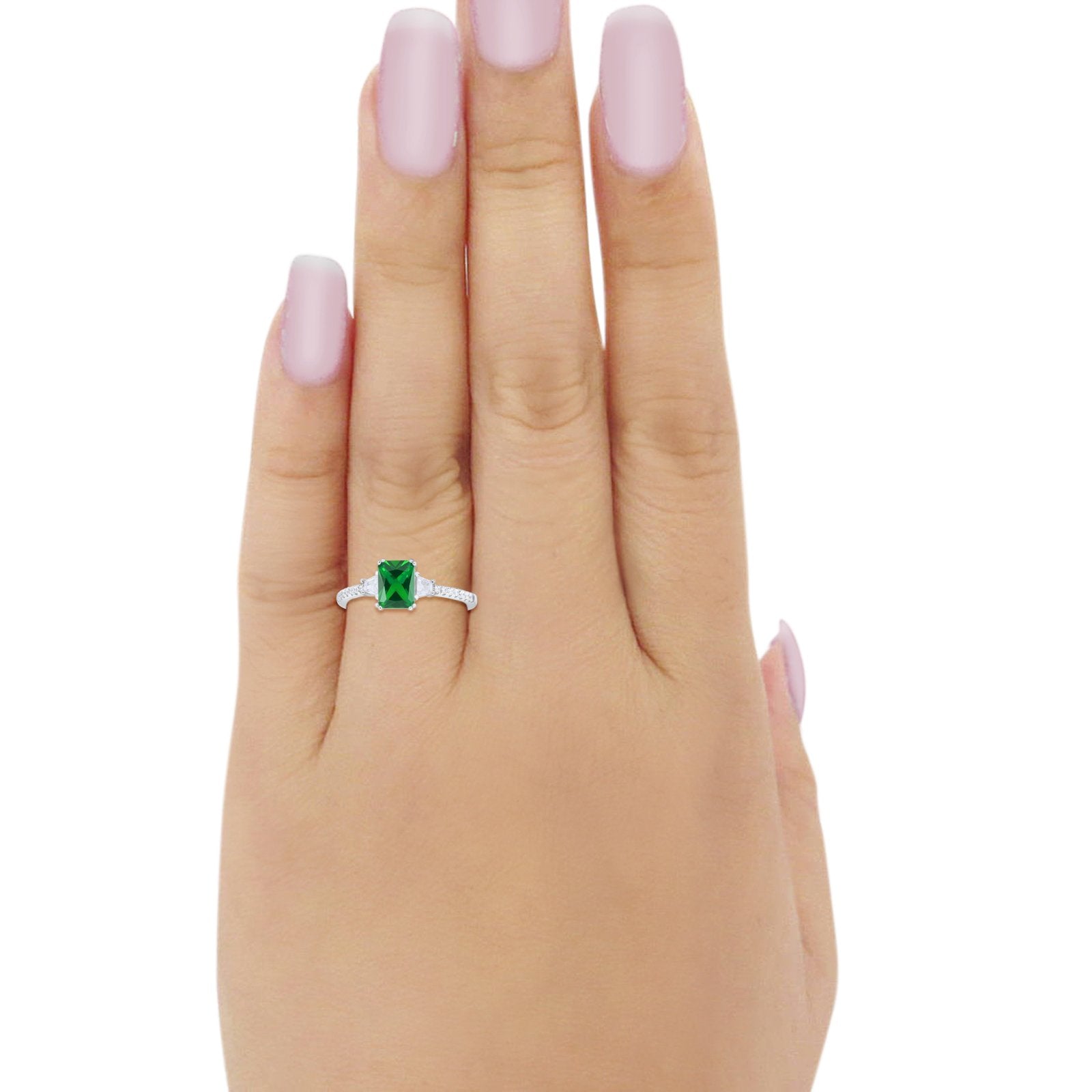 Emerald Cut Three Stone Wedding Ring Round Cubic Zirconia 925 Sterling Silver