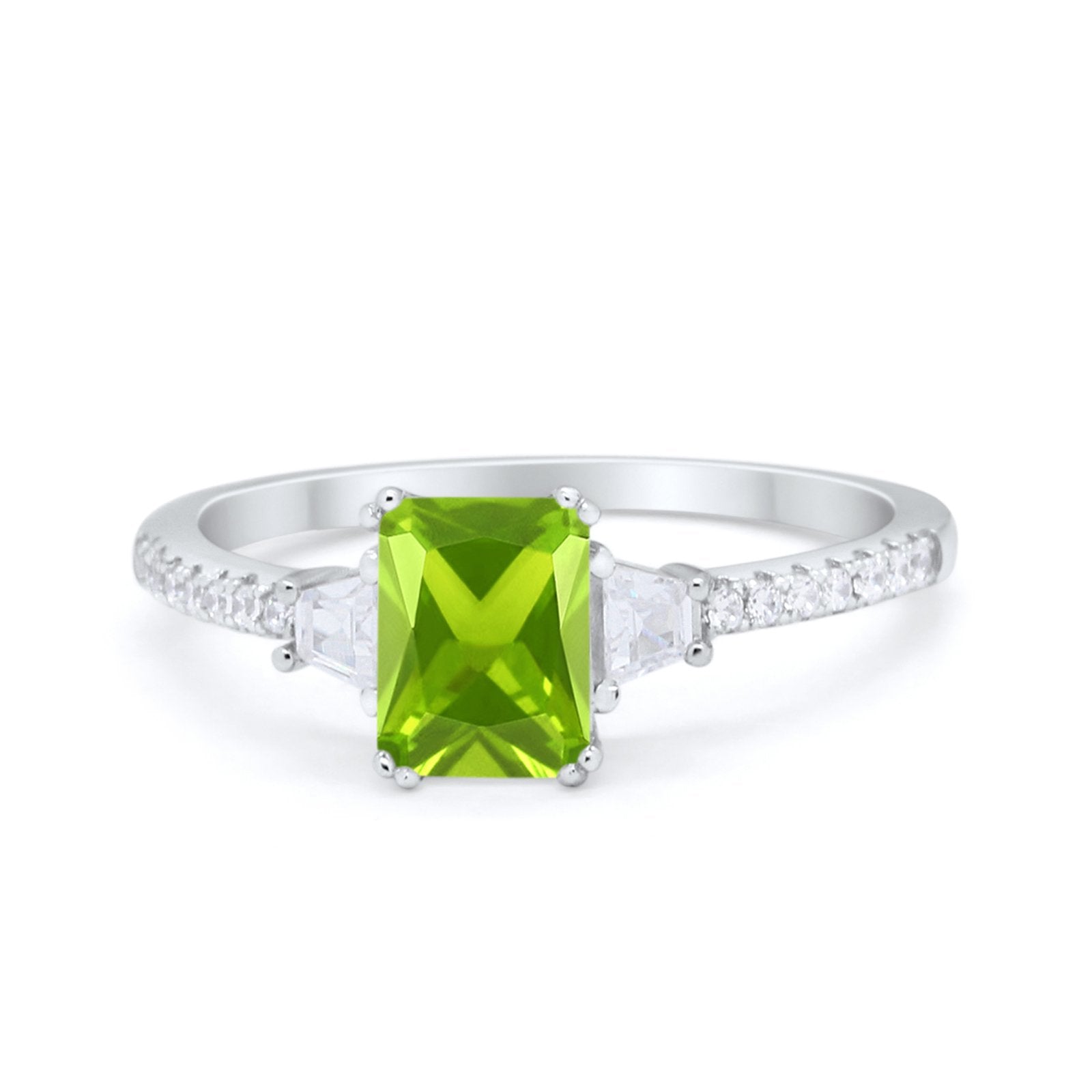 Emerald Cut Three Stone Wedding Ring Round Cubic Zirconia 925 Sterling Silver