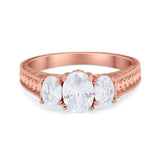 Art Deco Oval Three Stone Wedding Bridal Ring Round Cubic Zirconia 925 Sterling Silver
