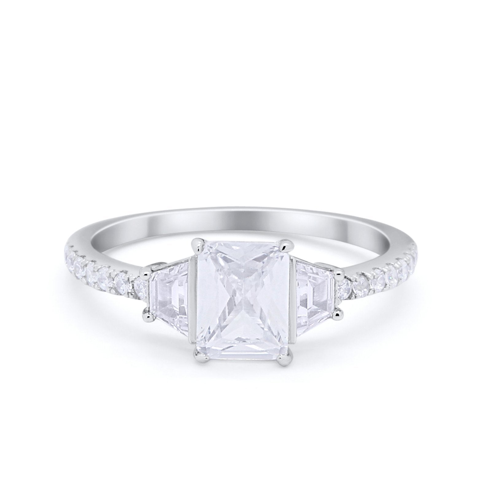 Three Stone Wedding Ring Emerald Cut Round Cubic Zirconia 925 Sterling Silver