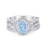 Vintage Style Halo Oval Art Deco Three Piece Wedding Engagement Ring Bridal Set Round Simulated Cubic Zirconia 925 Sterling Silver