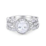 Vintage Style Halo Oval Art Deco Three Piece Wedding Engagement Ring Bridal Set Round Simulated Cubic Zirconia 925 Sterling Silver