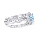 Vintage Style Halo Oval Art Deco Three Piece Wedding Engagement Ring Bridal Set Round Simulated Cubic Zirconia 925 Sterling Silver