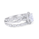 Vintage Style Halo Oval Art Deco Three Piece Wedding Engagement Ring Bridal Set Round Simulated Cubic Zirconia 925 Sterling Silver