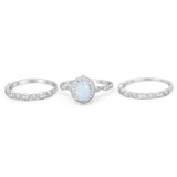 Vintage Style Halo Oval Art Deco Three Piece Wedding Engagement Ring Bridal Set Round Simulated Cubic Zirconia 925 Sterling Silver