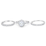 Vintage Style Halo Oval Art Deco Three Piece Wedding Engagement Ring Bridal Set Round Simulated Cubic Zirconia 925 Sterling Silver