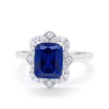 Halo Emerald Cut Engagement Ring Simulated Cubic Zirconia 925 Sterling Silver