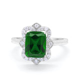 Halo Emerald Cut Engagement Ring Simulated Cubic Zirconia 925 Sterling Silver