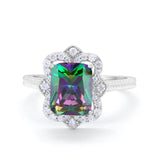 Halo Emerald Cut Engagement Ring Simulated Cubic Zirconia 925 Sterling Silver