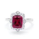 Halo Emerald Cut Engagement Ring Simulated Cubic Zirconia 925 Sterling Silver