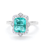 Halo Emerald Cut Engagement Ring Simulated Cubic Zirconia 925 Sterling Silver