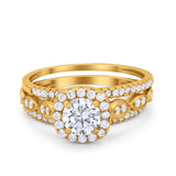 Art Deco Three Piece Vintage Style Engagement Ring Round Cubic Zirconia 925 Sterling Silver