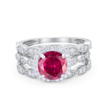 Art Deco Three Piece Wedding Ring Band Round Simulated CZ 925 Sterling Silver