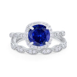 Art Deco Two Piece Wedding Ring Round Simulated CZ 925 Sterling Silver