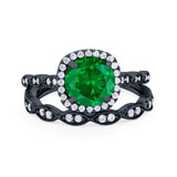 Art Deco Two Piece Wedding Ring Round Simulated CZ 925 Sterling Silver