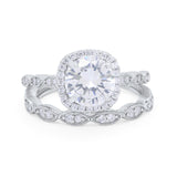 Art Deco Two Piece Wedding Ring Round Simulated CZ 925 Sterling Silver