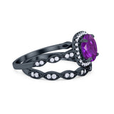 Art Deco Two Piece Wedding Ring Round Simulated CZ 925 Sterling Silver