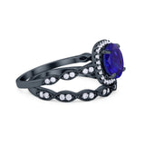 Art Deco Two Piece Wedding Ring Round Simulated CZ 925 Sterling Silver