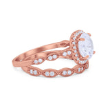Art Deco Two Piece Wedding Ring Round Simulated CZ 925 Sterling Silver