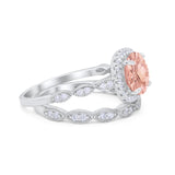 Art Deco Two Piece Wedding Ring Round Simulated CZ 925 Sterling Silver