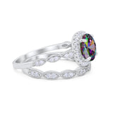 Art Deco Two Piece Wedding Ring Round Simulated CZ 925 Sterling Silver