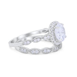 Art Deco Two Piece Wedding Ring Round Simulated CZ 925 Sterling Silver