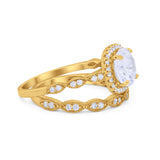 Art Deco Two Piece Wedding Ring Round Simulated CZ 925 Sterling Silver