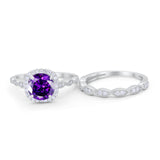 Art Deco Two Piece Wedding Ring Round Simulated CZ 925 Sterling Silver