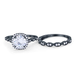 Art Deco Two Piece Wedding Ring Round Simulated CZ 925 Sterling Silver