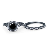 Art Deco Two Piece Wedding Ring Round Simulated CZ 925 Sterling Silver