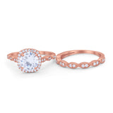Art Deco Two Piece Wedding Ring Round Simulated CZ 925 Sterling Silver