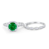 Art Deco Two Piece Wedding Ring Round Simulated CZ 925 Sterling Silver
