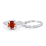 Art Deco Two Piece Wedding Ring Round Simulated CZ 925 Sterling Silver