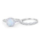 Art Deco Two Piece Wedding Ring Round Simulated CZ 925 Sterling Silver