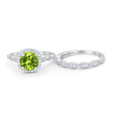 Art Deco Two Piece Wedding Ring Round Simulated CZ 925 Sterling Silver