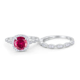 Art Deco Two Piece Wedding Ring Round Simulated CZ 925 Sterling Silver