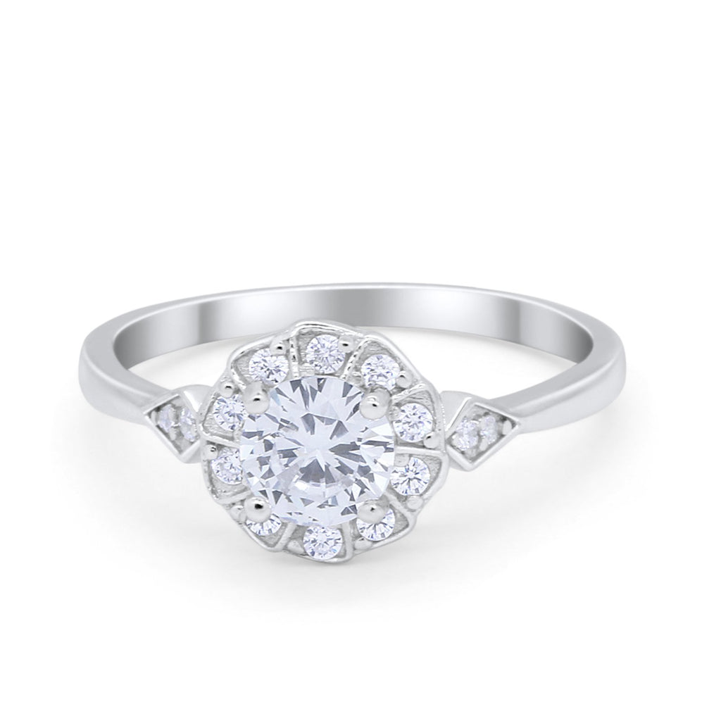 Halo Wedding Engagement Vintage Style Bridal Ring Round Cubic Zirconia ...