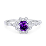 Art Deco Floral Style Wedding Engagemnet Ring Round Cubic Zirconia 925 Sterling Silver